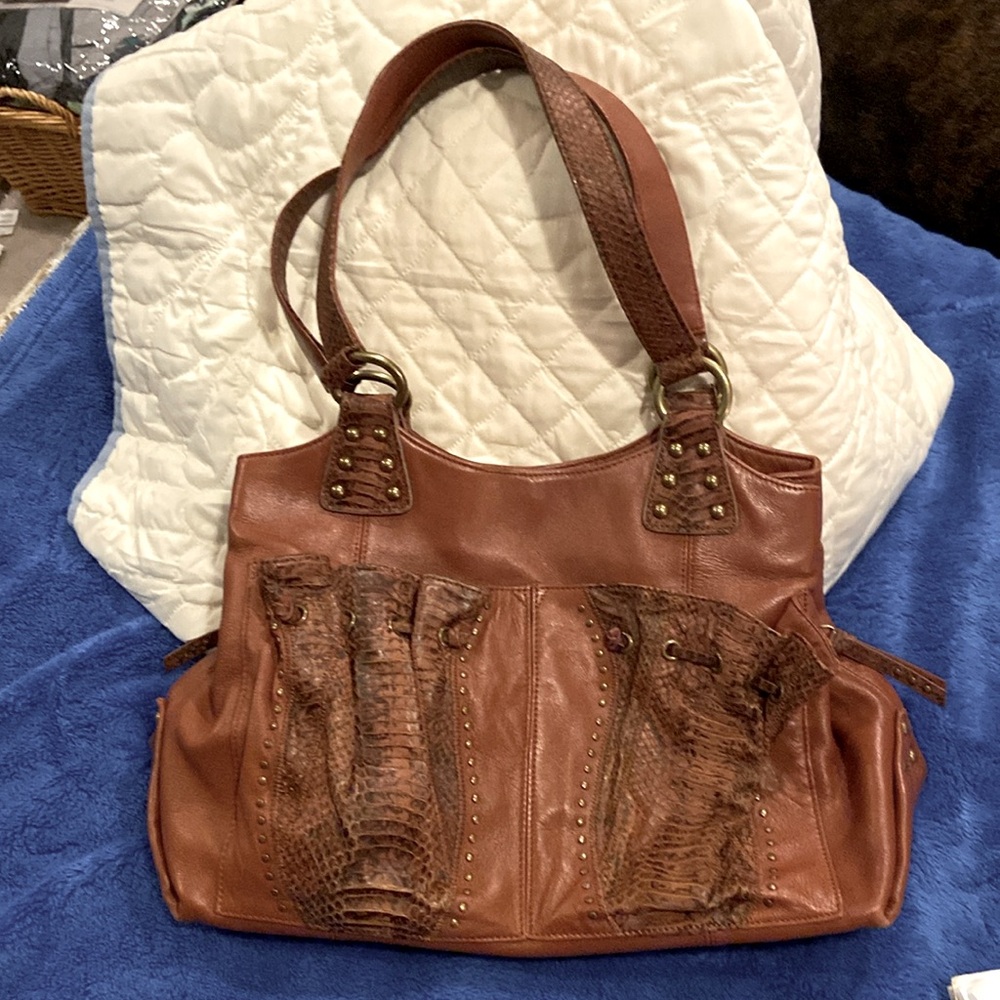 CHI by Falchi Women’s Brown Lambskin Leather Snake skin Trim shoulder Purse Bag.